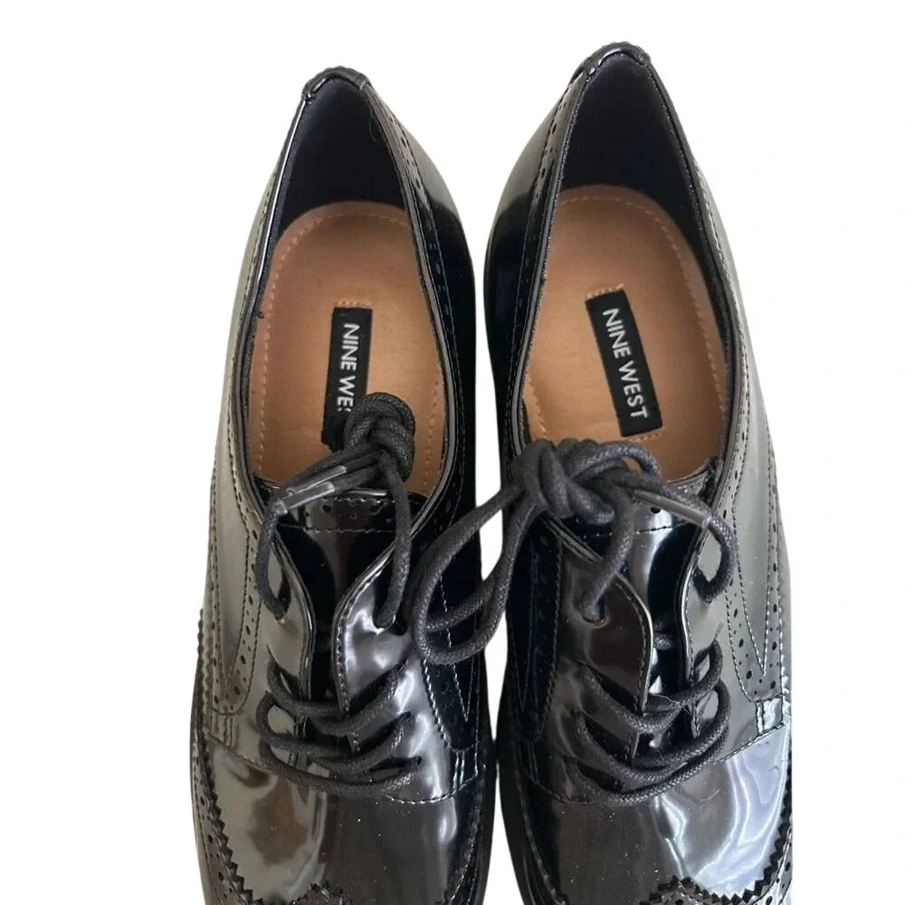 Nine West Studey Black Patent Wingtip Brogue Oxfords WNSTUDEY3 Womens 8M